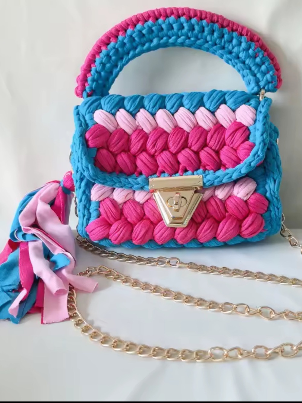 Macy's Pink & Blue Crochet Crossbody Bag with Gold Chain